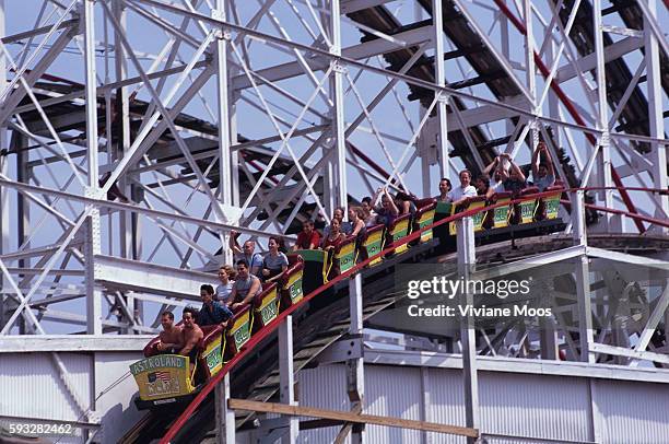 People riding the Cyclone rollercoaster at Astroland in Coney Island.