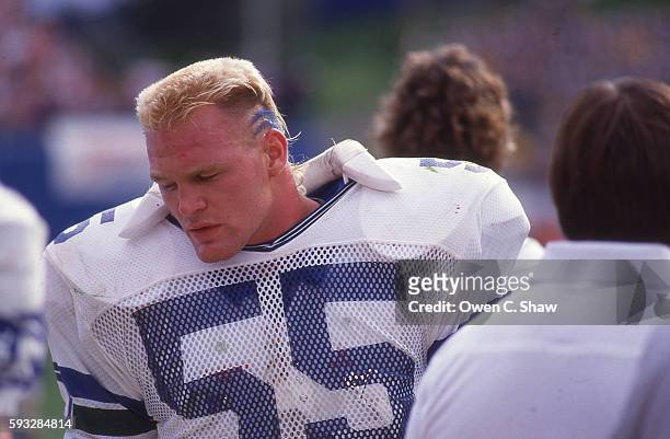 Brian Bosworth of the Seattle Seahawks circa 1987 in a game against the Denver Broncos at Mile High Stadium in Denver, Colorado.