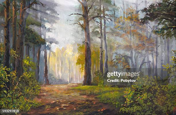 herbstmorgen im wald, acrylmalerei - acrylmalerei stock-grafiken, -clipart, -cartoons und -symbole