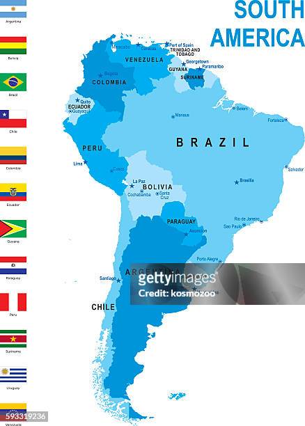 map of south america with flags against white background - south america stock illustrations