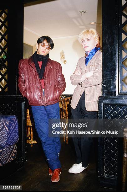 David Sylvian Japan) and Ryuichi Sakamoto getting interviewed at a hotel, Tokyo, February 1981.