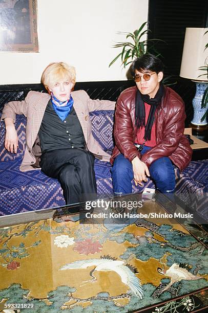 David Sylvian Japan) and Ryuichi Sakamoto getting interviewed at a hotel, Tokyo, February 1981.