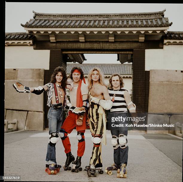 Van Halen posing with roller skates in the Osaka Castle Park, Osaka, September 1979.