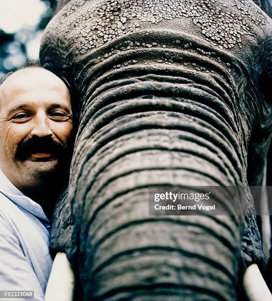 keeper with elephant - zoowärter stock-fotos und bilder