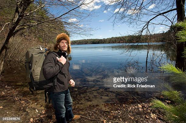 Writer and adventurer Guy Grieve at Walden Pond in Concord. Henry David Thoreau live on the banks of Walden Pond from July 1845 until September 1947.