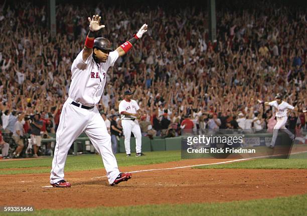 The Boston Red Sox Manny Ramirez after hitting a walk off, three-run home run against the Los Angeles Angels of Anaheim during the ninth inning in...