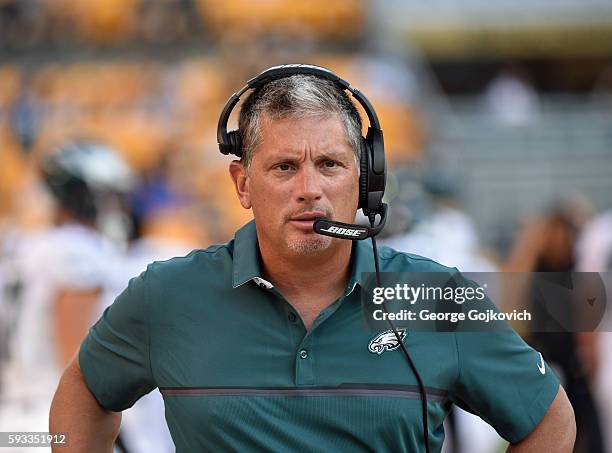 Defensive coordinator Jim Schwartz of the Philadelphia Eagles looks on from the sideline before the start of a National Football League preseason...