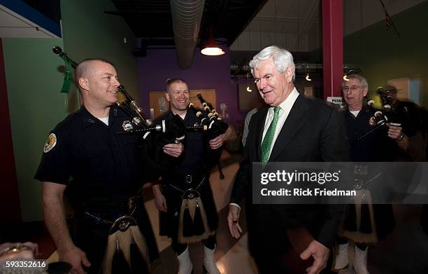 Potential Republican presidential candidate and former Speaker of the US House of Representatives Newt Gingrich listening to the NH Police...