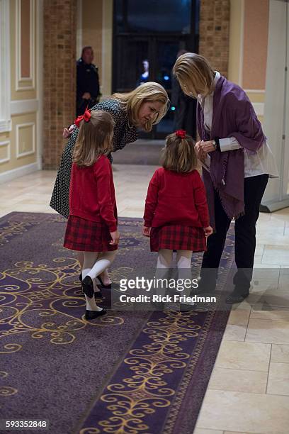 Heidi Nelson Cruz, wife of presidential candidate and Senator Ted Cruz with daughters Caroline and Catherine, while Cruz was campaigning at the at...