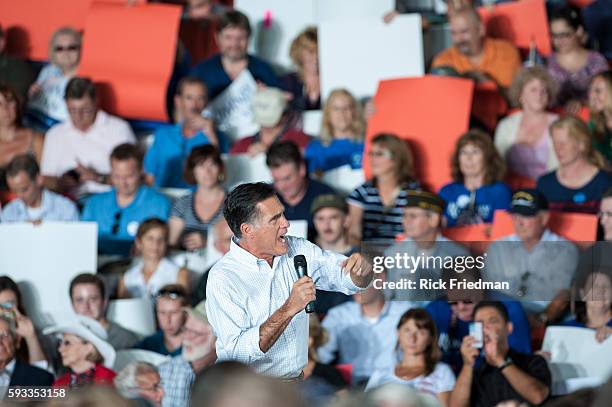 Republican presidential nominee Mitt Romney campaigning with his wife Anne Romney at a campaign rally at Holman Stadium in Nashua, NH on September 7,...