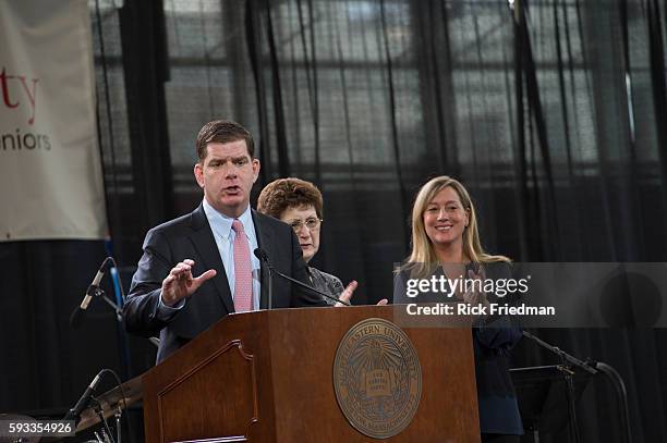 Boston Mayor elect Martin J. Walsh, the day before he is sworn in as Boston's new mayor, at a seniors luncheon with his girlfriend Lorrie Higgins and...