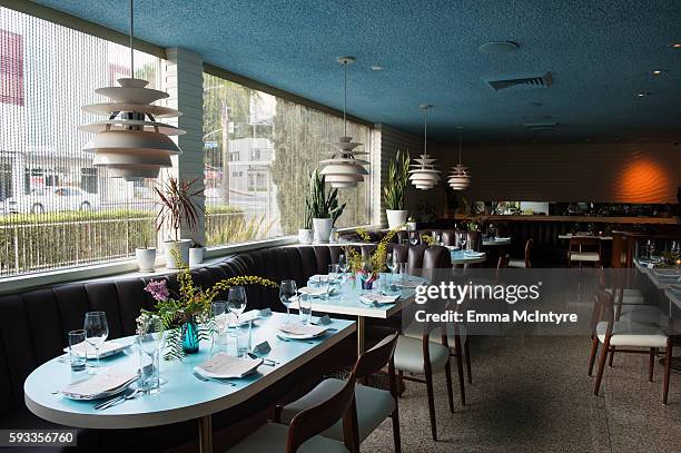 View of the table settings at the Alma Restaurant at the Women of Cinefamily weekend closing party at The Standard Hollywood on August 21, 2016 in...