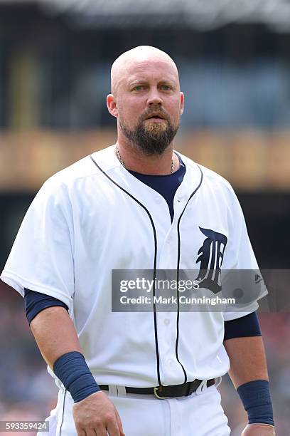 Casey McGehee of the Detroit Tigers looks on during the game against the Boston Red Sox at Comerica Park on August 18, 2016 in Detroit, Michigan. The...