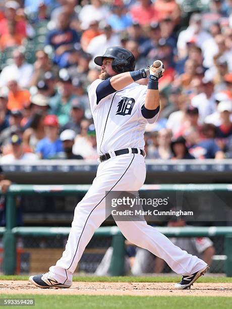 Casey McGehee of the Detroit Tigers bats during the game against the Boston Red Sox at Comerica Park on August 18, 2016 in Detroit, Michigan. The...