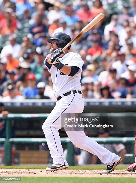 Casey McGehee of the Detroit Tigers bats during the game against the Boston Red Sox at Comerica Park on August 18, 2016 in Detroit, Michigan. The...