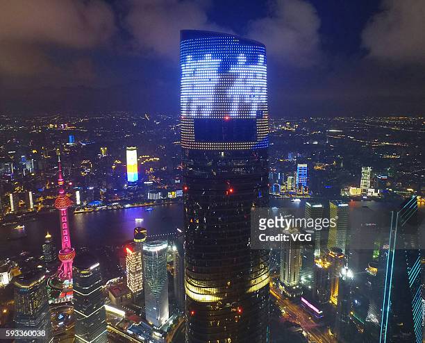 The Shanghai Tower operates a light show shining the word "spirit" in Chinese on August 21, 2016 in Shanghai, China. World's second highest building...