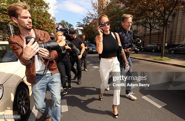 Gina-Lisa Lohfink leaves a courthouse on August 22, 2016 in Berlin, Germany. The 29-year-old model was ordered to pay a 24,000 EUR fine in January...