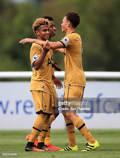 Marcus Edwards of Tottenham celebrates with team mates after scoring his teams first goal of the game during the Premier League 2 match between...