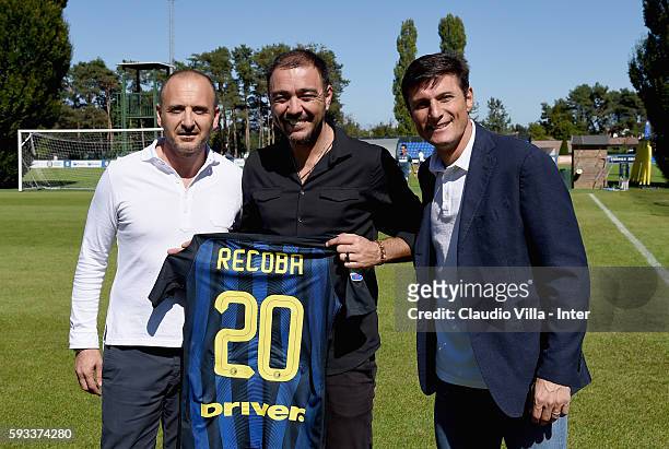 Sporting Director Piero Ausilio, Alvaro Recoba and vice president Javier Zanetti pose for a photo during the FC Internazionale training session at...