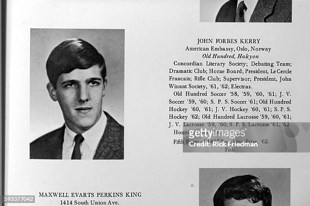 Photo of the page of John Kerry's senior yearbook portrait, from St. Paul's School in 1962.