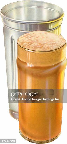 Vintage food illustration of a soda fountain milkshake or malt with the metal mixing container.