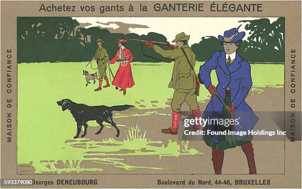 Vintage advertising illustration selling gloves showing Belgian pheasant hunters, ‘Achetez vos Gants a la Ganterie Elegante, Maison de Confiance,...