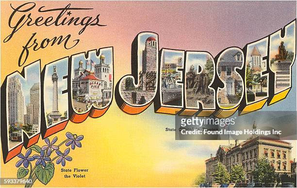 Vintage large letter illustrated postcard ‘Greetings from New Jersey’ showing the state flower the Violet, the State Capitol building in Trenton,...