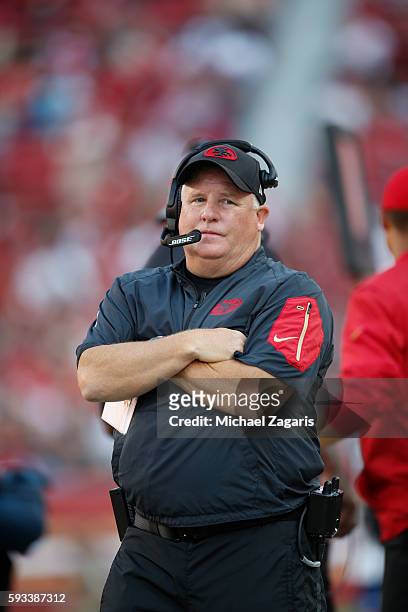 Head Coach Chip Kelly of the San Francisco 49ers stands on the sideline during the game against the Houston Texans at Levi Stadium on August 14, 2016...