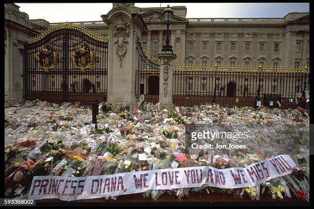 Sea of flowers in front of Buckingham Palace bear witness to Lady Diana's great popularity.