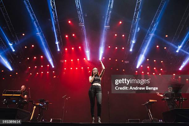 Iain Cook, Lauren Mayberry and Martin Doherty of Chvrches perform on the Heineken Stage during day 1 of Lowlands Festival 2016 on August 19, 2016 in...