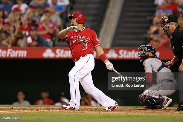 Albert Pujols of the Los Angeles Angels of Anaheim bats during the game against the Boston Red Sox at Angel Stadium on July 30, 2016 in Anaheim,...