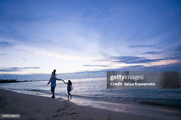 parent and child walking the beach - 肩車 ストックフォトと画像