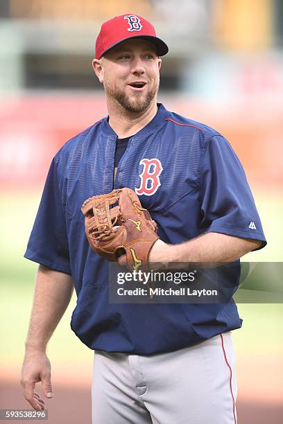 Bryan Holaday of the Boston Red Sox looks on during batting practice of a baseball game against the against the Baltimore Orioles at Oriole Park at...