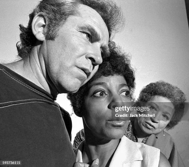 Playwright Alice Childress photographed with the stars of her interracial love story "Wedding Band", Ruby Dee and James Broderick, in August 1972.