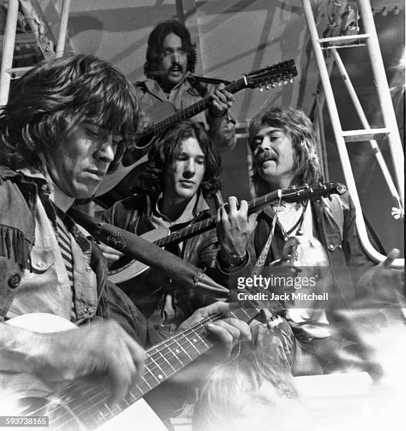 Cast members in a production of the Broadway musical 'Soon' at the Ritz Theatre, New York, New York, January 1971. From left, Barry Bostwick,...