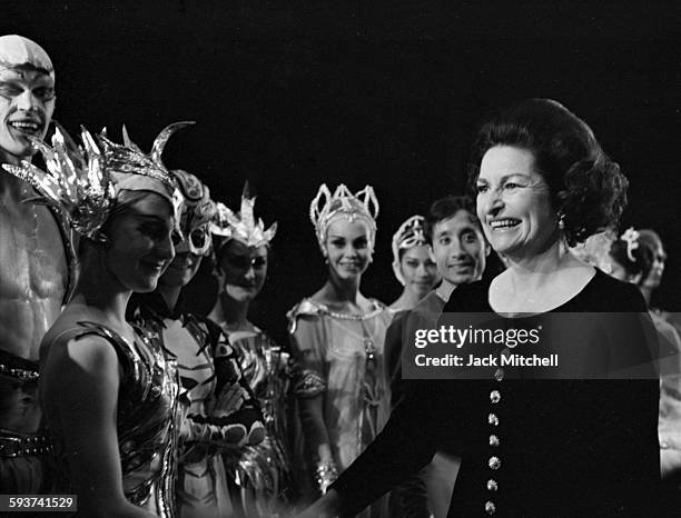 Lady Bird Johnson congratulating Harkness Ballet dancers after a performance on November 10, 1967.