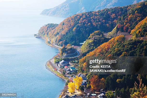 high angle view of lake biwa in autumn - omi stock pictures, royalty-free photos & images