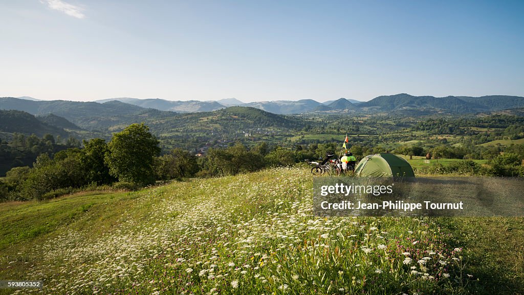 Bivouac in the mountains of Maramures, bicycle touring near Poienile Izei in Romania