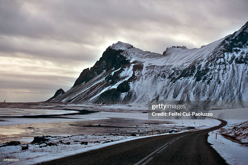 Snowy Road and Mountain of Austurhorn Iceland