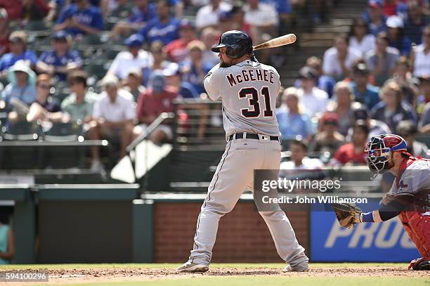 Casey McGehee of the Detroit Tigers bats against the Texas Rangers at Globe Life Park in Arlington on August 14, 2016 in Arlington, Texas. The...