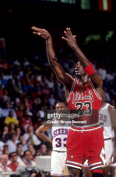 Michael Jordan of the Chicago Bulls shoots free throws during a game in the 1991 Eastern Conference Semifinals against the Philadelphia 76ers in May,...