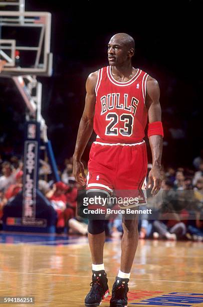 Michael Jordan of the Chicago Bulls walks on the court during a game in the 1991 Eastern Conference Semifinals against the Philadelphia 76ers in May,...