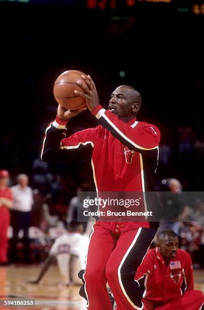 Michael Jordan of the Chicago Bulls warms-up before a game in the 1991 Eastern Conference Semifinals against the Philadelphia 76ers in May, 1991 at...