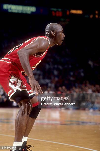 Michael Jordan of the Chicago Bulls defends during a game in the 1991 Eastern Conference Semifinals against the Philadelphia 76ers in May, 1991 at...