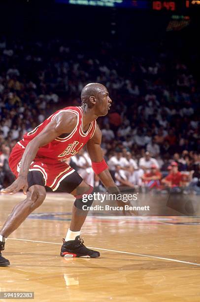 Michael Jordan of the Chicago Bulls defends during a game in the 1991 Eastern Conference Semifinals against the Philadelphia 76ers in May, 1991 at...