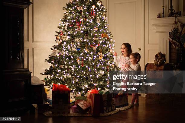 young sisters decorating christmas tree - christmas trees stock pictures, royalty-free photos & images
