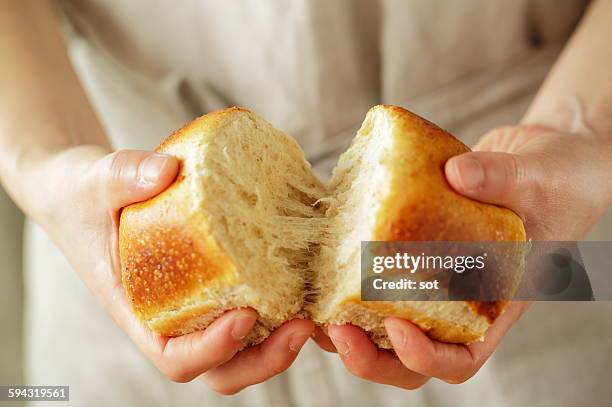 young woman's hands breaking bread,close up - bread close up stock-fotos und bilder