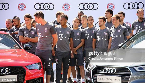 The players of FC Bayern pose for a team picture with new Audi cars during the official car handover at Audi Forum on August 22, 2016 in Ingolstadt,...
