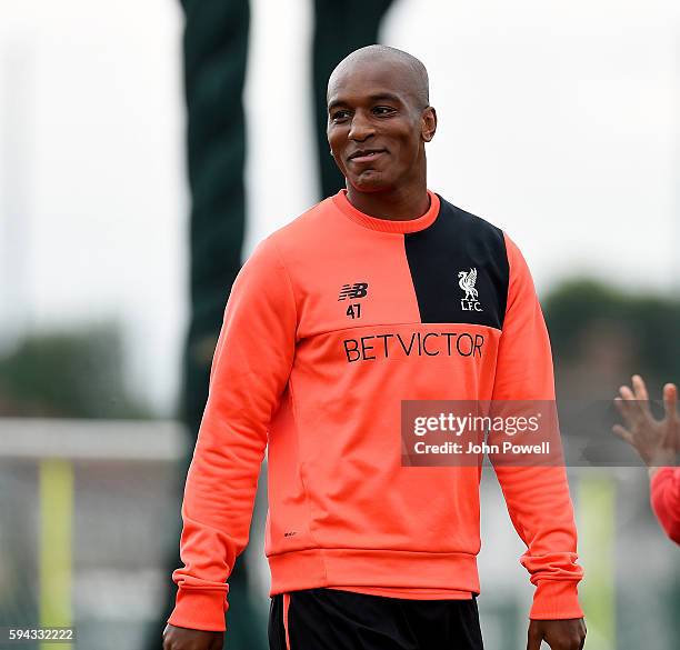 Andre Wisdom of Liverpool during a training session at Melwood Training Ground on August 22, 2016 in Liverpool, England.