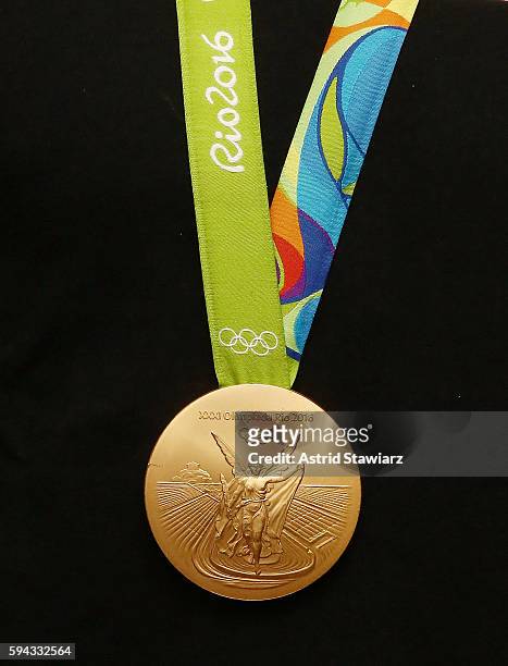 An olympic gold medal from the 2016 Rio Summer Olympic games is displayed at the SiriusXM Studios on August 22, 2016 in New York City.